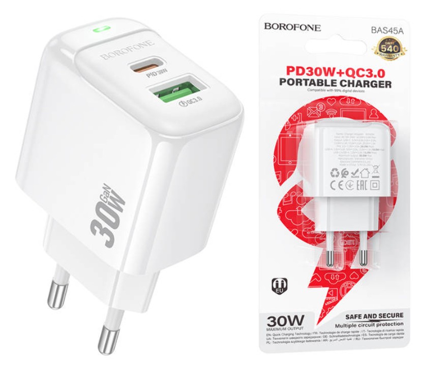 Сетевое зарядное устройство Borofone BAS45A USB QC3.0/TypeC PD30W (Белое)